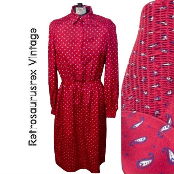 VINTAGE Ruby Red and Purple Paisley 1960's Secretary Dress by Leslie Fay Petites - Picture 1 of 6